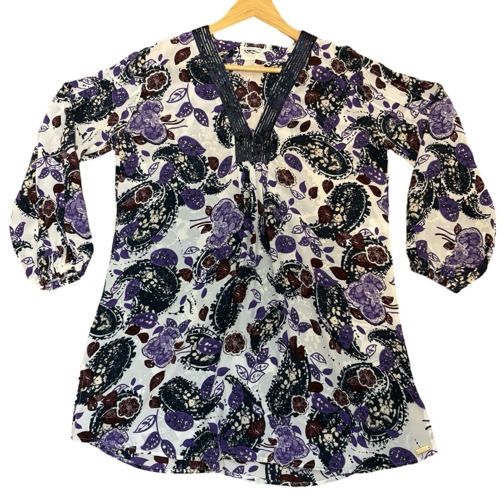 Maryan Mehlhorn Swimwear Tunic Top 100 Silk Paisley Floral Beach Top Sequin Sz S